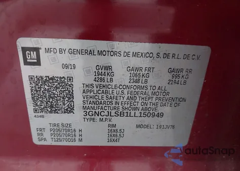 2020 Chevrolet Trax Fwd Lt z USA, uszkodzony, nr VIN 3GNCJLSB1LL150949